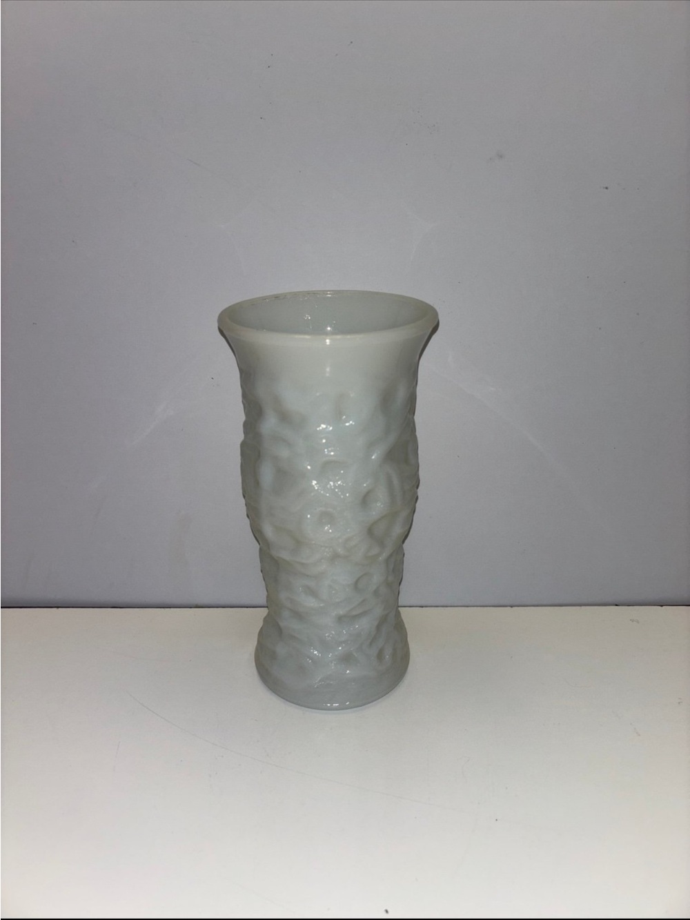 Vintage EO Brody Milk Glass Crinkle Style Vase       9 1/2” H